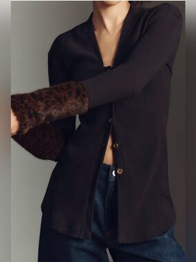 Anthropologie Maeve Faux Fur Cuff Button-Front Top